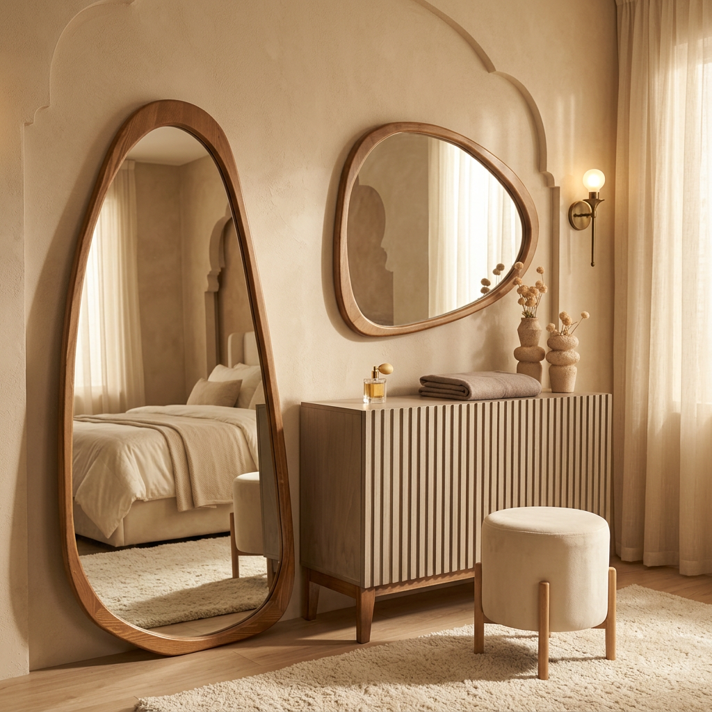 Organic Floor Mirror, Wall Mirror, Fluted Cabinet & Stool Set – Walnut | Bay Furniture