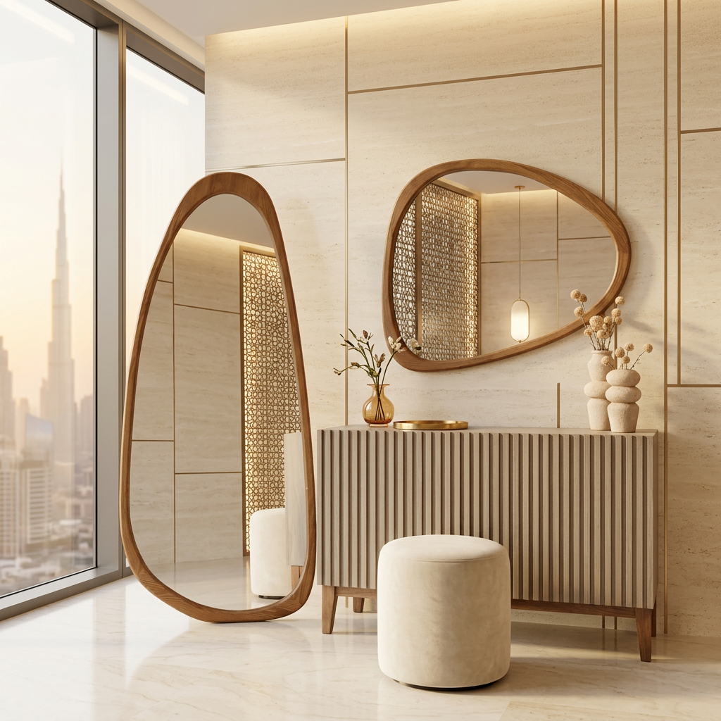 Organic Floor Mirror, Wall Mirror, Fluted Cabinet & Stool Set – Walnut | Bay Furniture