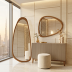 Organic Floor Mirror, Wall Mirror, Fluted Cabinet & Stool Set – Walnut | Bay Furniture