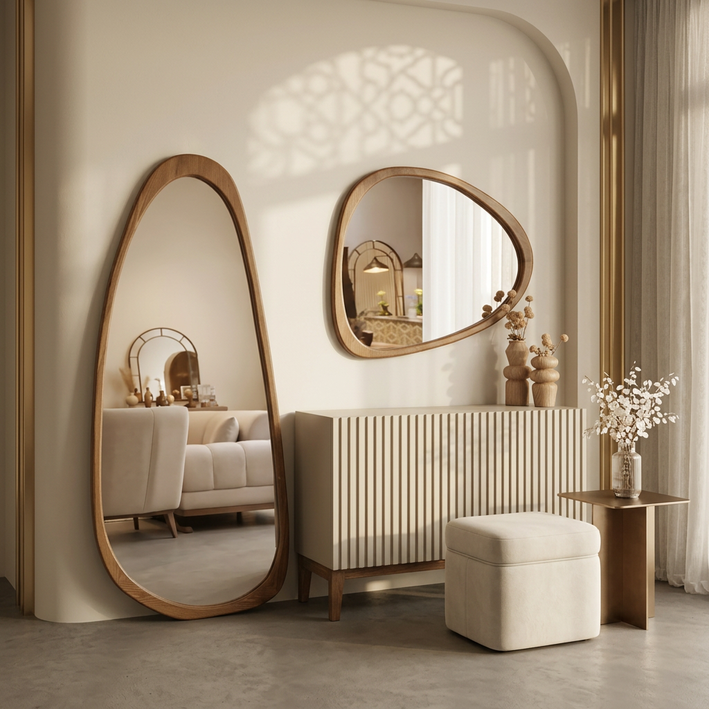 Organic Floor Mirror, Wall Mirror, Fluted Cabinet & Stool Set – Walnut | Bay Furniture