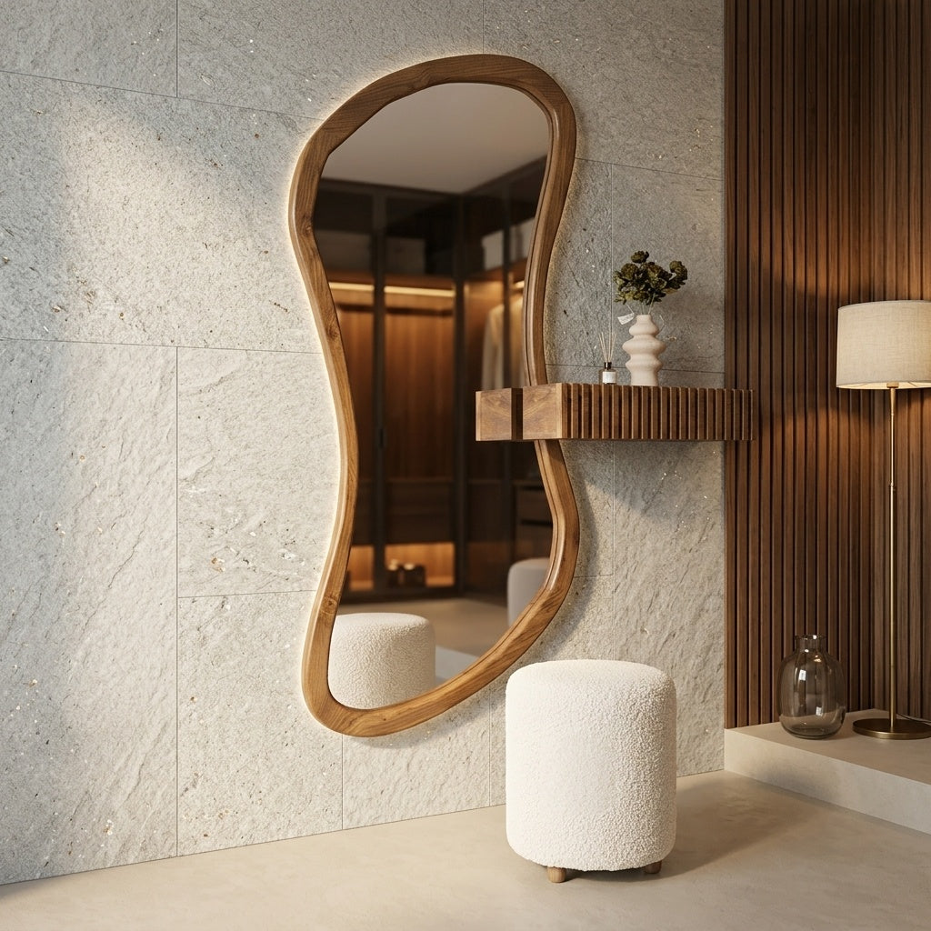 Organic Mirror, Fluted Shelf & Bouclé Stool Set – Walnut | Bay Furniture