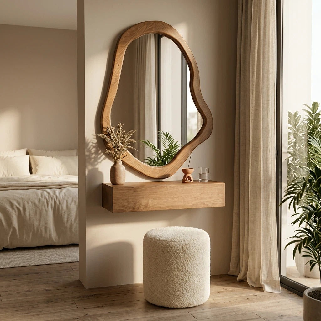 Bay Furniture Organic-Mirror Wall-Mounted Dressing Table Set with Bouclé Stool