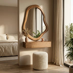 Bay Furniture Organic-Mirror Wall-Mounted Dressing Table Set with Bouclé Stool