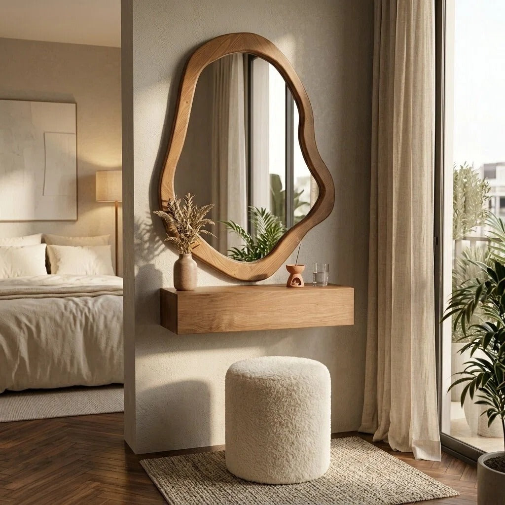 Bay Furniture Organic-Mirror Wall-Mounted Dressing Table Set with Bouclé Stool
