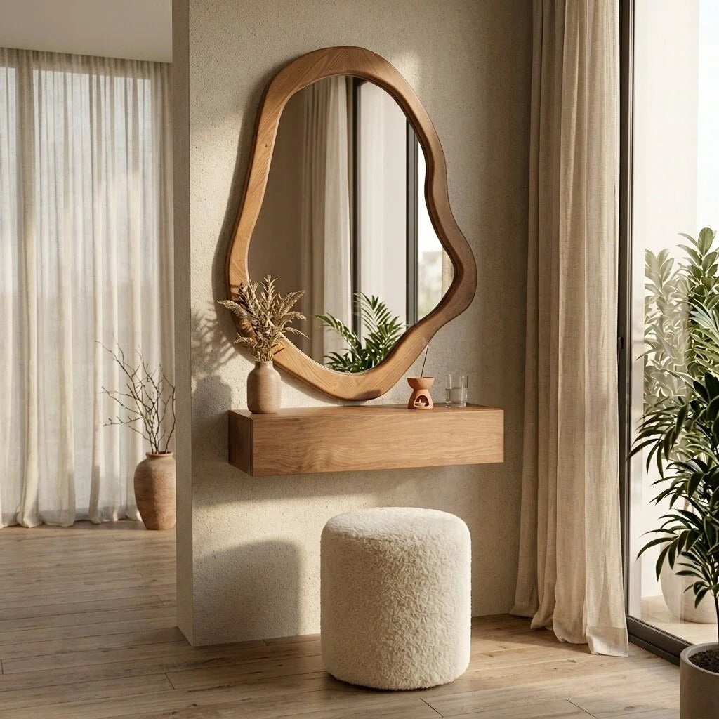 Bay Furniture Organic-Mirror Wall-Mounted Dressing Table Set with Bouclé Stool